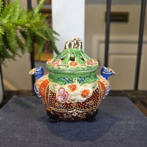 VTG Japanese Satsuma Style Censer Peacock Handles Tripod 4" FOREIGN Mark AS IS